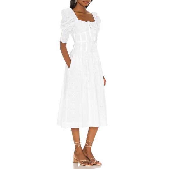 For Love & Lemons Jean Eyelet Midi Dress White Corset Puff Sleeves SZ L NWT - Picture 5 of 8